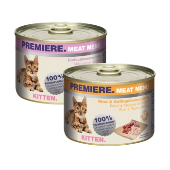 Zwei Dosen "Premiere Meat Menu" Kittenfutter: eine mit Rind und Geflügel, die andere mit Fleischzusammensetzung, beide mit der Aufschrift "100% Frisches Fleisch."