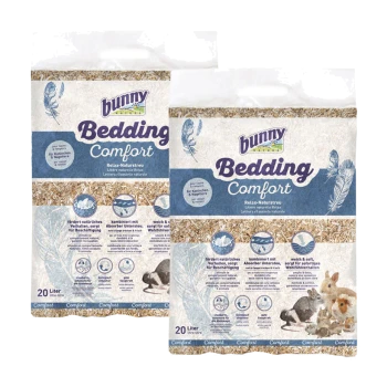 Zwei Taschen von Bunny Bedding Comfort, gekennzeichnet für Kleintiere wie Kaninchen und Nagetiere, mit natürlichem Bettzeug und aufgelisteten Hauptvorteilen.