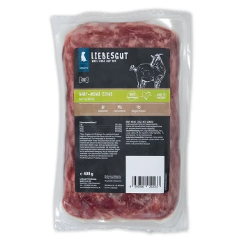 Vakuumversiegelte 400 g LIEBESGUT 'BARF-Menü Ziege' Rohfutterpackung mit schwarzem Etikett, Ziegenillustration und deutschem Text