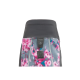 Eine bunte Hundejacke mit einem floralen Muster in Pink und Blau, mit einem grauen oberen Abschnitt und einem Ruffwear-Logo-Tag.