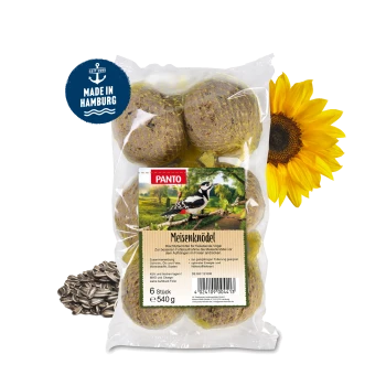 Packung mit 6 Meisenknödeln, beschriftet mit "PANTO", geeignet für Wildvögel, mit in deutscher Sprache aufgelisteten Zutaten.