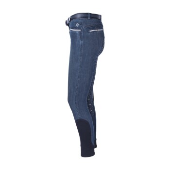 Seitenansicht eines Paares dunkelblauer Reitleggings mit einem gemusterten Seitenpanel und einem schwarzen Knöchelpatch.