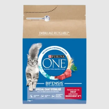 Sac de nourriture pour chats Purina ONE Bifensis, 3 kg, présentant un chat gris duveteux, avec un texte soulignant les avantages pour les chats stérilisés et un emballage recyclable.