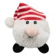 Ein Plüschspielzeug, das einer Santa Claus-Figur ähnelt, mit einem flauschigen weißen Körper, einem rot-weiß gestreiften Hut und einer rosa Nase.