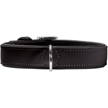 Schwarzes, gepolstertes Lederhalsband mit silbernem D-Ring und Schnalle sowie weißer Naht.