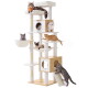 Beige-weißer mehrstöckiger Kratzbaum mit Höhlen, Hängematten, Kratzrampe und hängendem Spielzeug, besetzt von sechs Katzen