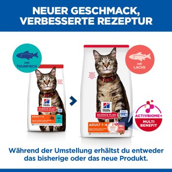 Hill's Katzenfutterbeutel (Adult 1–6) mit getigerter Katze; Überschrift 'NEUER GESCHMACK, VERBESSERTE REZEPTUR'; Icons für Thunfisch und Lachs.