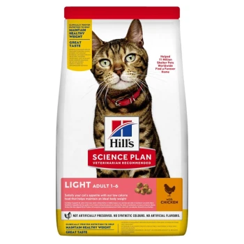 Sac de nourriture pour chat Hill's Science Plan Light avec un chat tigré sur le devant, étiqueté "Recommandé par les vétérinaires" et "avec du poulet."