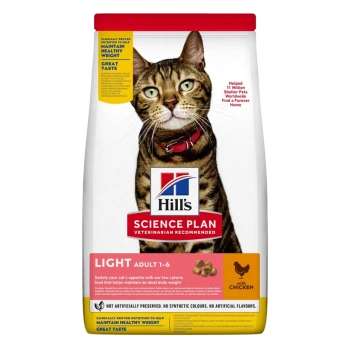 Sac de nourriture pour chat Hill's Science Plan Light avec un chat tigré sur le devant, étiqueté "Recommandé par les vétérinaires" et "avec du poulet."