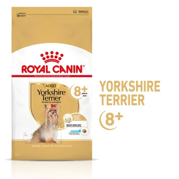 Yorkshire Terrier 8+ für ältere Hunde 1.5 kg Royal Canin Adult Yorkshire Terrier Hundefuttertüte für Hunde über 8, mit einem Yorkshire Terrier und Ansprüchen auf gesundes Altern und Fell.