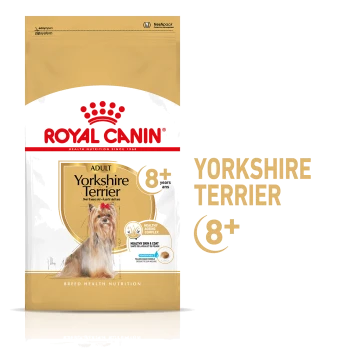 Royal Canin Adult Yorkshire Terrier Hundefuttertüte für Hunde über 8, mit einem Yorkshire Terrier und Ansprüchen auf gesundes Altern und Fell.
