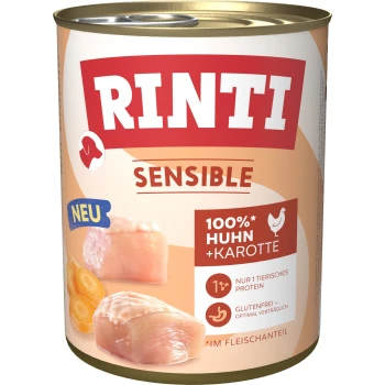 Dose RINTI Sensible Hundefutter mit Etikett '100% Huhn + Karotte', rohe Hühnerstücke und Karottenscheiben, 'NEU'-Aufdruck.