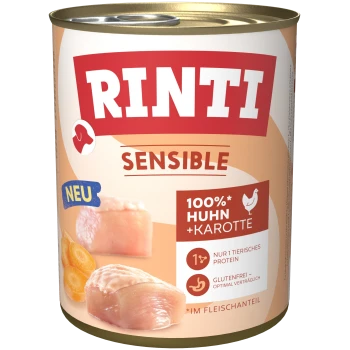 Dose RINTI Sensible Hundefutter mit Etikett '100% Huhn + Karotte', rohe Hühnerstücke und Karottenscheiben, 'NEU'-Aufdruck.