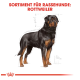 Illustration eines Rottweiler-Hundes mit kräftigem Körperbau, beschriftet mit 'SORTIMENT FÜR RASSEHUNDE: ROTTWEILER' in fettem roten Text.