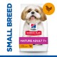 Hill's Science Plan dog food for small breeds, labeled "Mature Adult 7+" with chicken, featuring a smiling Shih Tzu on the packaging.