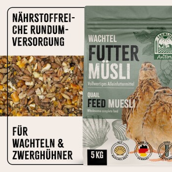 Verpackung von Wachtelfutter-Müsli mit Körnern und Samen, beschriftet mit "Nährstofffreie Rundumversorgung" und "Für Wachteln & Zwerghühner," 5 kg.
