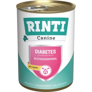 Rinti Canine Diabetes Hundefutterdose, mit einem rosa Etikett, das "Diabetes Blutzuckerspiegel" und "Mit Huhn" (mit Huhn) angibt.