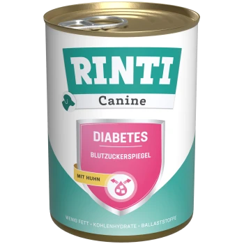 Rinti Canine Diabetes Hundefutterdose, mit einem rosa Etikett, das "Diabetes Blutzuckerspiegel" und "Mit Huhn" (mit Huhn) angibt.
