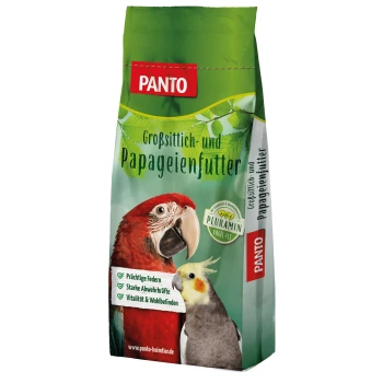 PANTO Vogelfutterbeutel mit einem roten Ara und einem Nymphensittich, der Vorteile zeigt: "Prächtige Federn", "Starke Abwehrkräfte", "Vitalität & Wohlbefinden."