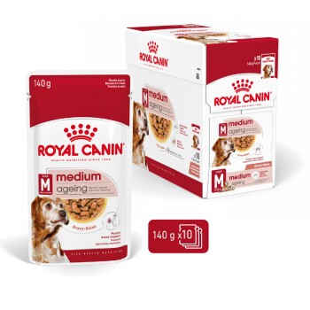 Karma dla psów Royal Canin Medium Ageing, 140g worek, 10-pack, z golden retrieverem na opakowaniu, oznaczona jako "Gravy-Salsa."