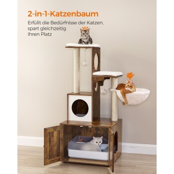 Moderner 2-in-1-Katzenbaum mit einer Katze auf einem Regal und einer anderen in einer Katzentoilette, die platzsparendes Design zeigt.