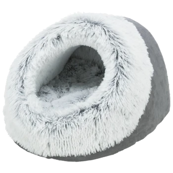 Gemütliches graues Haustierhöhlenbett mit einem weichen, flauschigen Innenraum und einem runden Eingang, ideal für kleine Haustiere zum Einkuscheln.