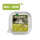 Opakowanie mokrej karmy dla psów oznaczone "Wilderness Senior True Country" z wizerunkiem wilka i rozkładem wartości odżywczych: 95% mięsa, 5% warzyw, 0% zbóż.