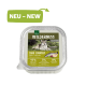 Verpackung für Nassfutter für Hunde mit der Aufschrift "Wilderness Senior True Country", die einen Wolf und eine Nährwertangabe zeigt: 95 % Fleisch, 5 % Gemüse, 0 % Getreide.