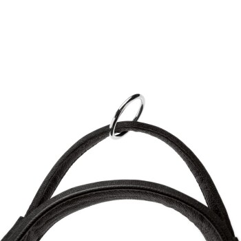 Nahaufnahme einer schwarzen Haustierleine mit einem silbernen Metallring, die die Textur des Materials und den Befestigungspunkt zeigt.