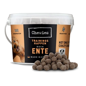Behälter mit Chewies-Hundetraining-Leckerlis, beschriftet mit 'Duck ENTE', mit einem verspielten Hundebild und verstreuten Leckerlis davor.