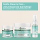 Denta Clean & Care Zahnprodukte von AniForte, mit zwei Gläsern Zahnpulver und einem Spray, mit Text, der die Vorteile hervorhebt.