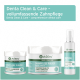 Denta Clean & Care Zahnprodukte von AniForte, mit zwei Gläsern Zahnpulver und einem Spray, mit Text, der die Vorteile hervorhebt.