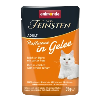 Animonda Vom Feinsten Katzenfutterbeutel für Erwachsene, reich an Huhn mit zartem Truthahn, ohne zugesetztes Getreide, Zucker oder Konservierungsstoffe, 85g.