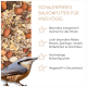 Nahaufnahme eines schalenfreien Vogelfutters mit einem Kleiber und deutschem Text, der energiereiches, winteroptimiertes Wildvogelfutter beschreibt.