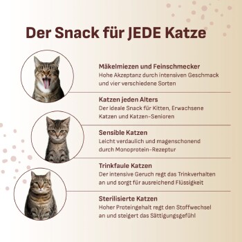 Banner 'Der Snack für JEDE Katze' mit drei Katzenfotos; deutsche Beschriftungen: wählerisch, alle Altersstufen, sensibel, wasserscheu, sterilisiert.