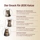 Banner 'Der Snack für JEDE Katze' mit drei Katzenfotos; deutsche Beschriftungen: wählerisch, alle Altersstufen, sensibel, wasserscheu, sterilisiert.