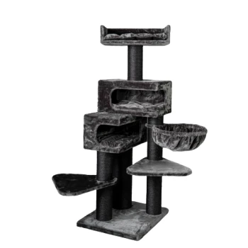 Ein mehrstöckiger Katzenbaum in Grau mit verschiedenen Plattformen, gemütlichen Betten und Kratzpfosten für Katzen zum Klettern und Entspannen.