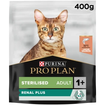 Adult Sterilised Lachs 400 g Verpackung für Katzenfutter mit einer getigerten Katze, beschriftet mit "Purina Pro Plan," 400g, mit hervorgehobenen "Sterilisiert," "Erwachsene 1+" und "Renal Plus."
