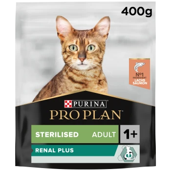 Emballage de nourriture pour chat avec un chat tigré, étiqueté "Purina Pro Plan," 400g, avec "Sterilised," "Adult 1+" et "Renal Plus" mis en avant.