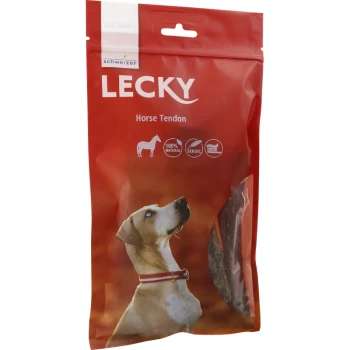 Rote Verpackung für Lecky Horse Tendon Hundeleckerlis, mit einem Hund, der nach oben schaut, und Text, der "100% Natürlich" und "Sensic" angibt.