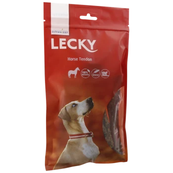 Rote Verpackung für Lecky Horse Tendon Hundeleckerlis, mit einem Hund, der nach oben schaut, und Text, der "100% Natürlich" und "Sensic" angibt.
