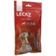 Emballage rouge pour les friandises pour chiens Lecky Horse Tendon, présentant un chien regardant vers le haut, avec le texte indiquant "100% Naturel" et "Sensic."