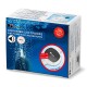 Verpackung einer Aquariumluftpumpe mit blauem Blasenhintergrund, schwarzer und weißer Pumpenillustration und Text "AQUARIEN-LUFTPUMPE".