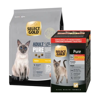 Select Gold Katzenfutter: linker Beutel "ADULT PURE Huhn" (26% Huhn), rechte Box mit Wertpackung und sechs Geschmacksbeuteln.