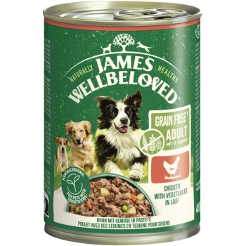 Dosenfutter "James Wellbeloved" getreidefreies Hundefutter mit Huhn und Gemüse, geeignet für erwachsene Hunde im Alter von 1-7 Jahren.