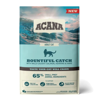 Sac de nourriture pour chat ACANA Bountiful Catch avec du saumon, du hareng et de la morue pêchés à l'état sauvage ; 65 % de petites proies pour un pelage brillant et des muscles forts.