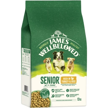 James Wellbeloved Senior dog food bag, rich in turkey & rice, for dogs 7+ years, hypoallergenic, 12kg.