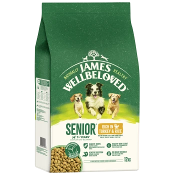 James Wellbeloved Senior dog food bag, rich in turkey & rice, for dogs 7+ years, hypoallergenic, 12kg.