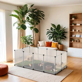 Innenbereich für Haustiere mit Meerschweinchen auf Rasen, großen Pflanzen, einem gemütlichen Sofa mit orangefarbenen Kissen und einem Holzregal mit Dekoration.