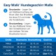 Infografik für die Maße des Easy Walk® Hundegeschirrs, die erklärt, wie man die Brustbreite und den Umfang misst, mit einer Größentabelle für verschiedene Hunderassen.